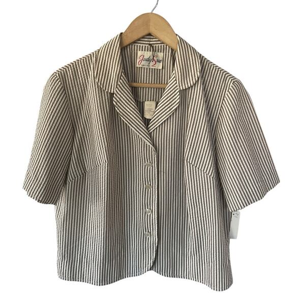 Vintage Just Sue Brown Seersucker Crop Shorts Sleeve Jacket 14 Dead Stock - Picture 1 of 5